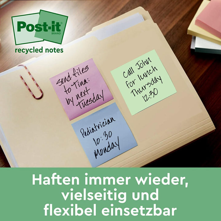 Post-it Recycling Notes, Assortierte Farben, Packung mit 16 Blöcken, 100 Blatt pro Block, 76 mm x 76