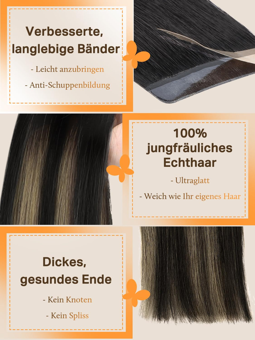 Extensions Echthaar Tape in, Balayage Natürliches Schwarz bis Hellblond 35cm (14zoll) 50g 20pcs, Ech