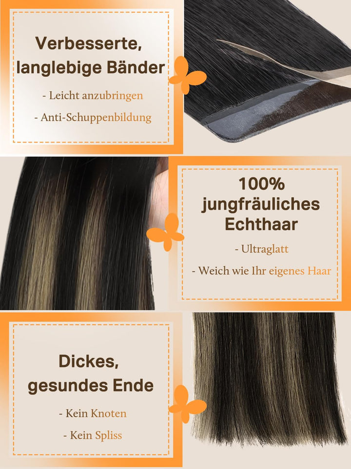 Extensions Echthaar Tape in, Balayage Natürliches Schwarz bis Hellblond 35cm (14zoll) 50g 20pcs, Ech