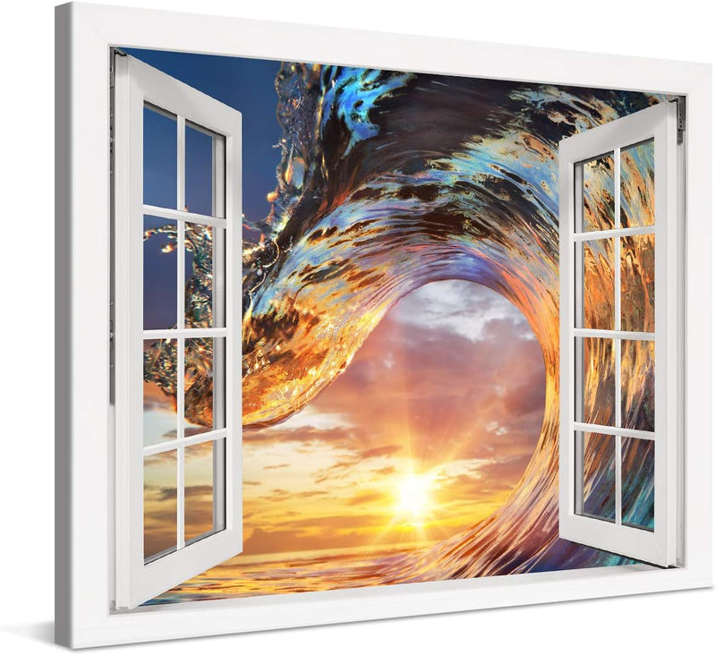 PICANOVA – Bild auf Leinwand Wellen-Sonnenuntergang Fenster 80x60cm – Leinwandbild – Premium Leinwan