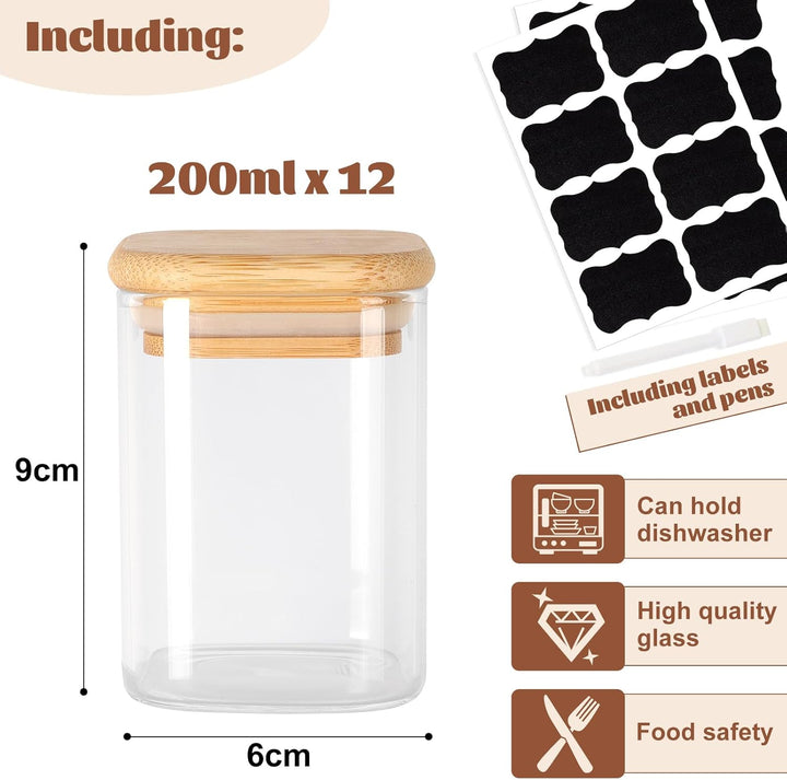 12er Set Gewürzgläser eckig 200 ml luftdicht mit Holzdeckel,Gewürzdosen Set Glas,Gewürzbehälter Spic