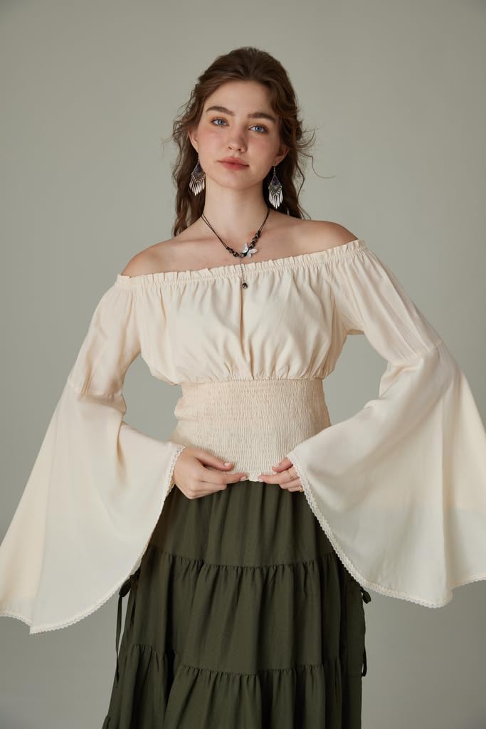 SCARLET DARKNESS Damen Renaissance Trachtenbluse Schulterfrei Gesmokte Mittelalter Shirt L Aprikose,