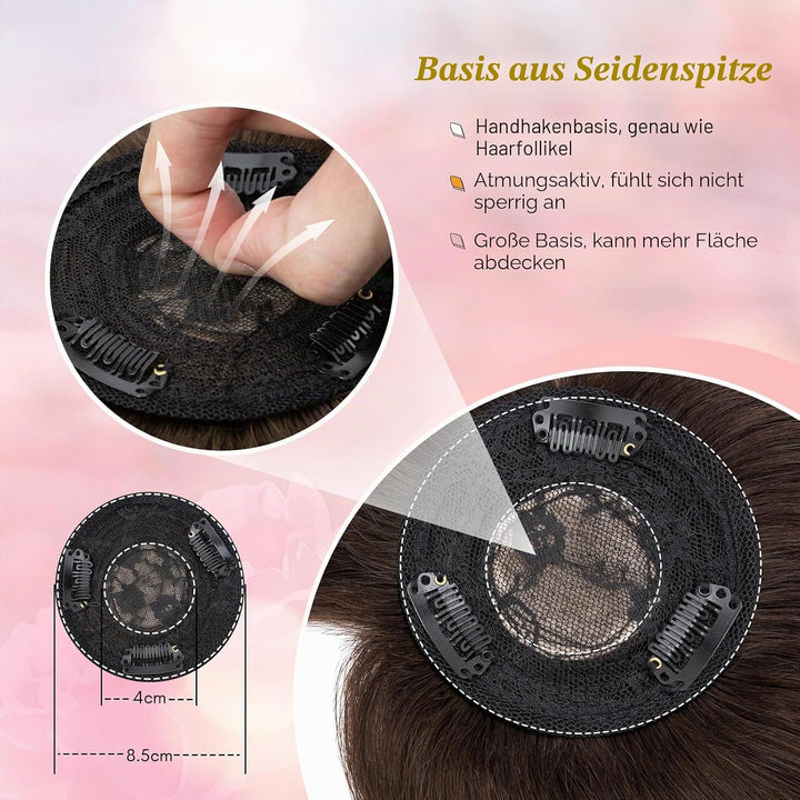 Elailite Hair Topper Echthaar, Toupet Damen mit langem Pony, Clip in Haarteil, Haartopper Basis 10x1