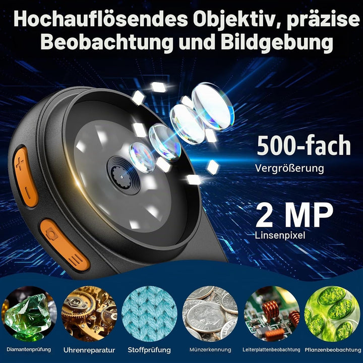 Kinder Handy Mikroskop Digital mit Bildungsgeschenk: 500x Taschenmikroskop, 2,0" IPS-Bildschirm, 200