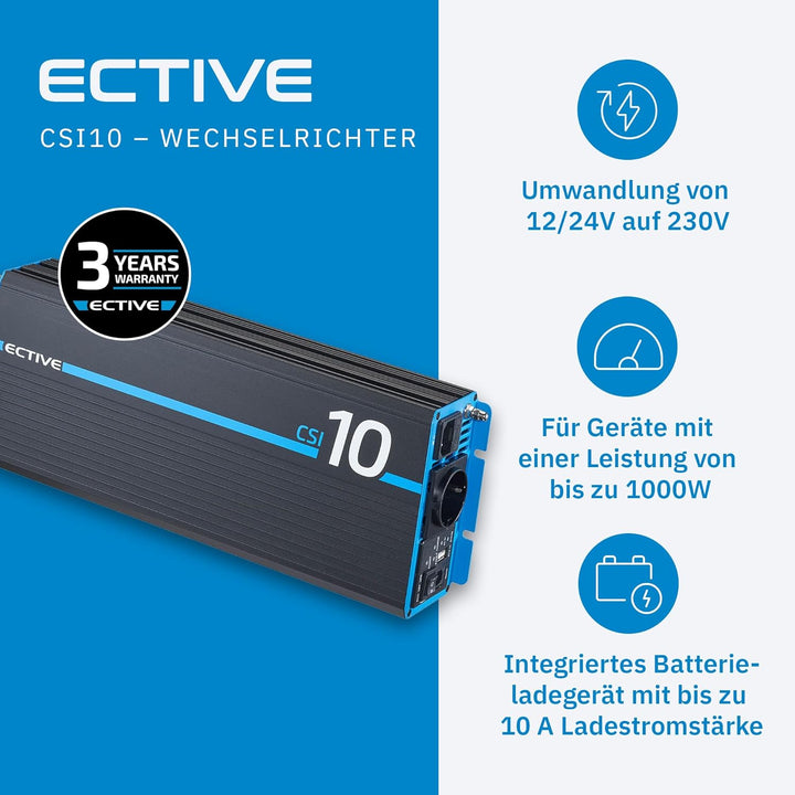 ECTIVE Reiner Sinsus Wechselrichter CSI 10-1000W, 12V auf 230V, USB, USV Funktion, Überhitzungsschut