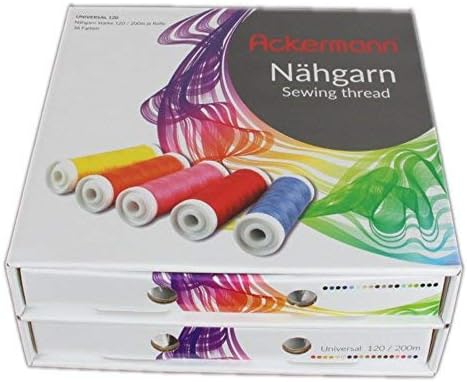 Ackermann 36 Farben x 200m UNIVERSAL 120 NÄHGARN (Allesnäher) in handlicher Box. Nähgarnsortiment, -
