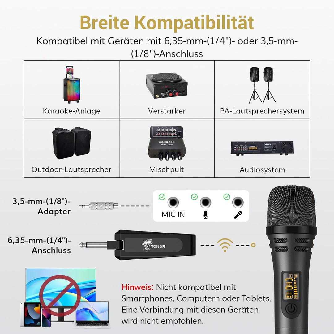 TONOR Kabellose Mikrofone, UHF Duales Karaoke Mikrofon Set mit wiederaufladbarem Empfänger, Kabellos