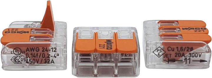 WAGO Plug-in terminal 3-way with lever for rigid (0.2-4 mm²) and flexible (0.14-4 mm²) wires to open