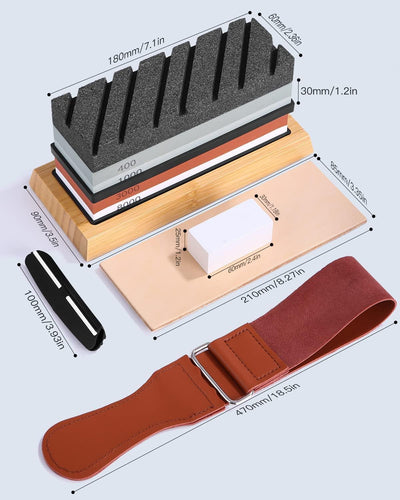 FAOKZE Abziehstein Schleifstein Set 9-in-1, Doppelseitig 400/1000 und 3000/8000 Grit Messerschärfer,