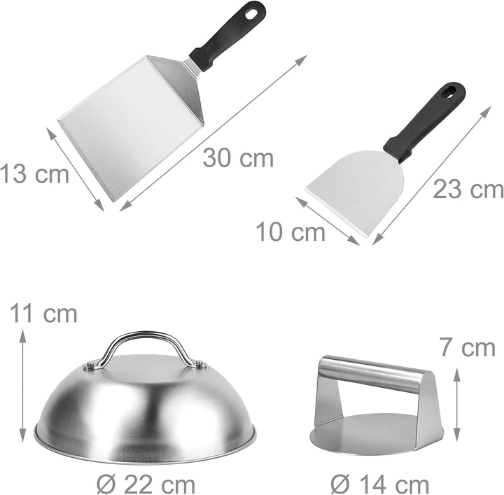 Relaxdays Smash Burger Set, 5-teilig, Burgerpresse, 2 Schmelzglocken & 2 Grillspachteln, Patty Maker