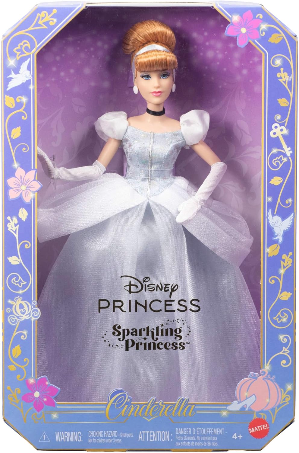 Mattel Disney Princess Glitzerprinzessin Cinderella Modepuppe mit Zubehörteilen, mit abnehmbarem Kle