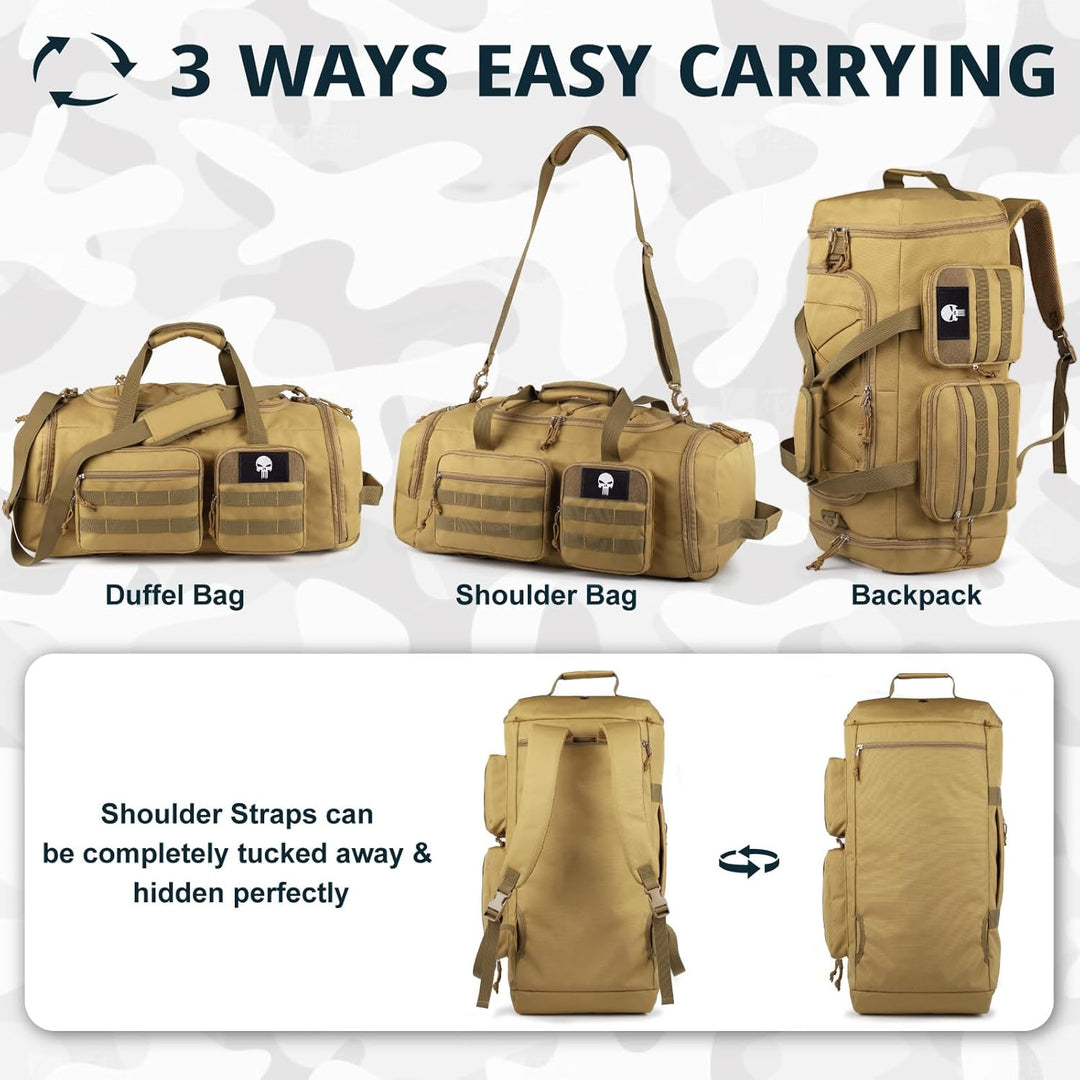 Taktische Sporttasche für Herren, 50L Grosse 3-in-1-Sport-Reisetasche mit Schuhfach, Wasserabweisend