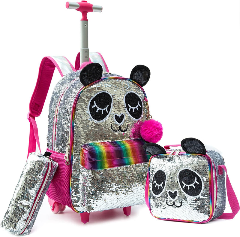 HTgroce Trolley Rucksack Kinder Mädchen,Panda 3 in 1 Kinder Trolley Schultasche mit Rollen Rucksack