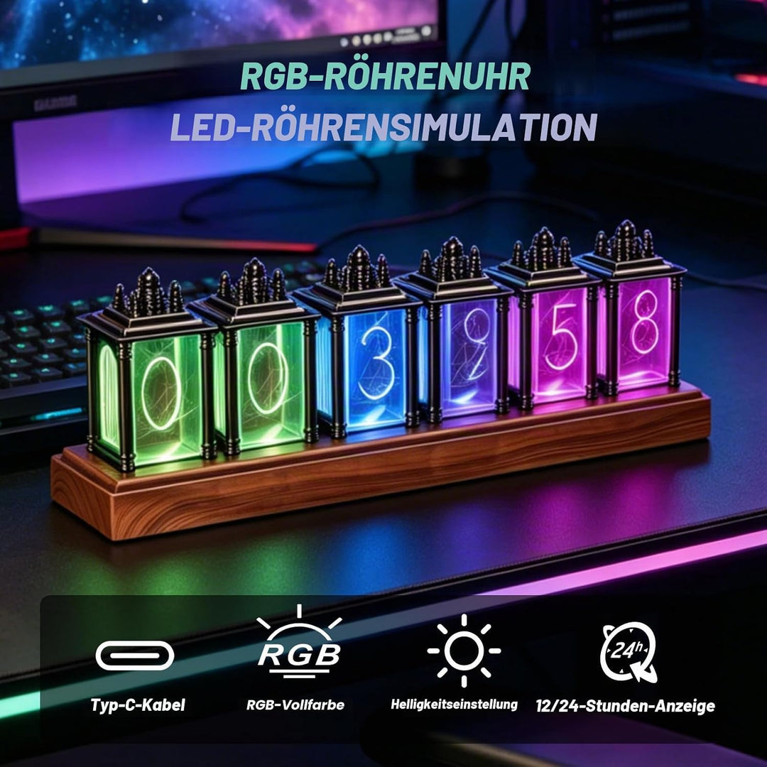 Nixie Tube Clock, RGB LED Röhrenuhr, LED Nixie Uhr, 12/24-Stunden-Anzeige, einstellbare Helligkeit u