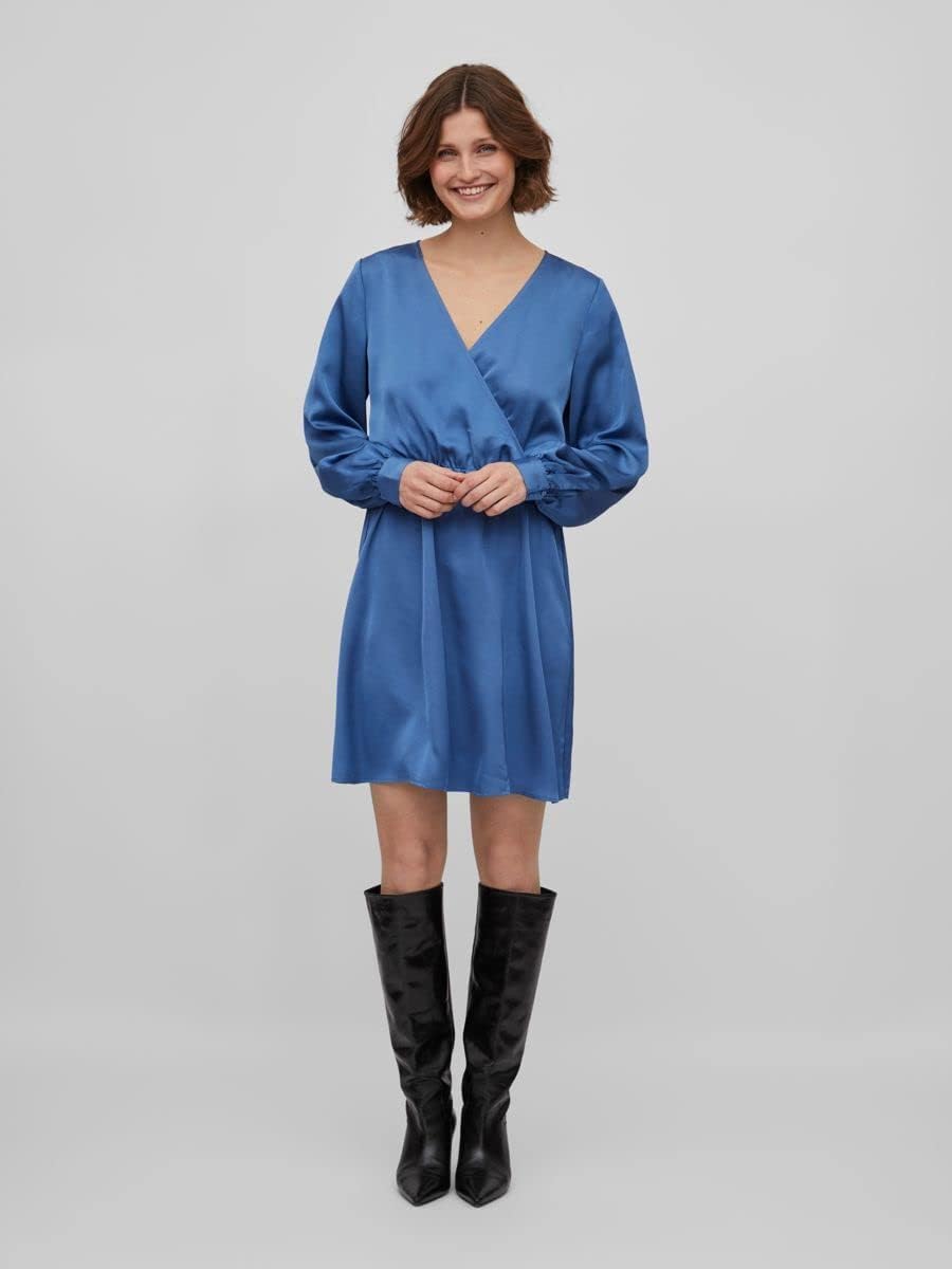 Vila Damen Viellette Wrap L/S Dress/Su-Noos Kleid 38 Federal Blue, 38 Federal Blue
