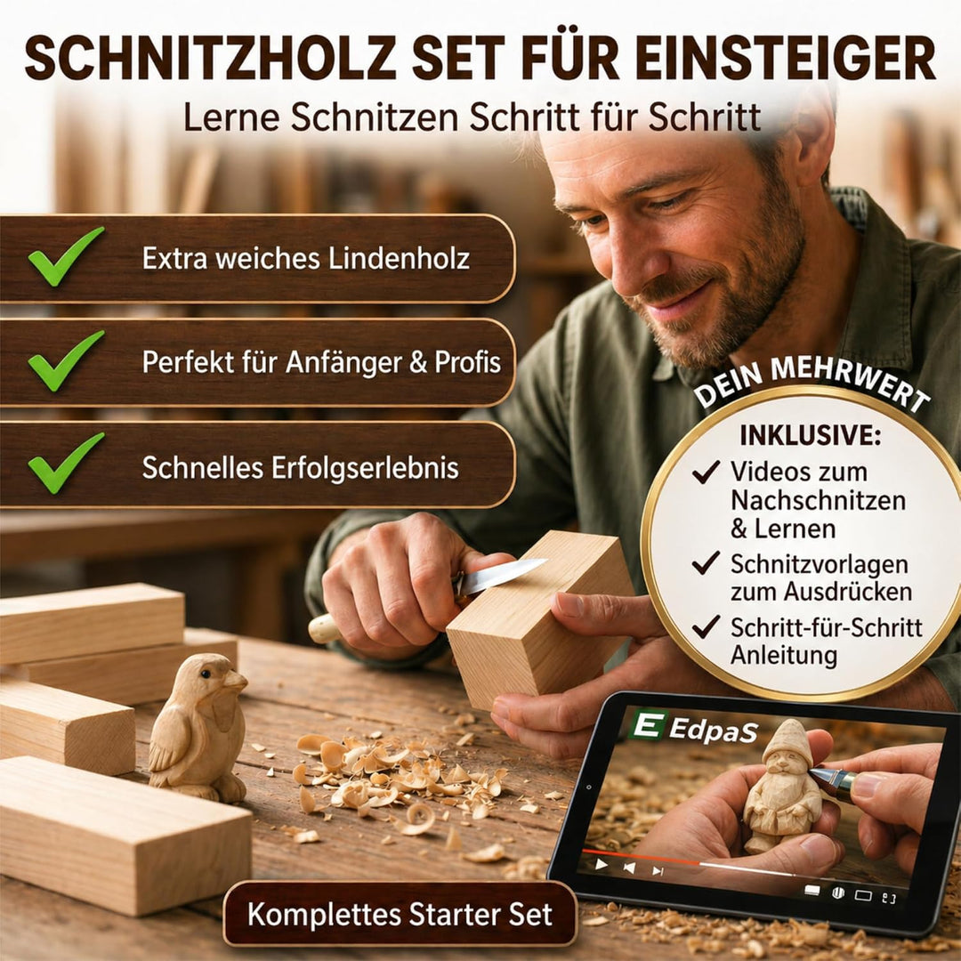 EdpaS Erlenholz Schnitzholz Set 10 Stück in 3 Grössen Erle zum schnitzen | Erlenholz-Rohlinge zum Sc
