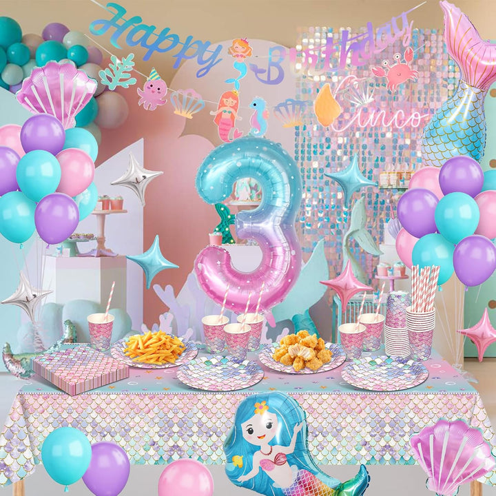 Meerjungfrau Partygeschirr Set, Meerjungfrau Geburtstag Deko 3 Jahre, Geburtstag Party Geschirr, Pap