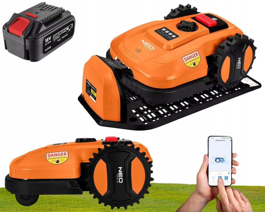 NEO TOOLS Mähroboter mit Austauschbarem Akku (4 Ah-Akku Enthalten) für Gärten bis 600 m2 - Steuerung