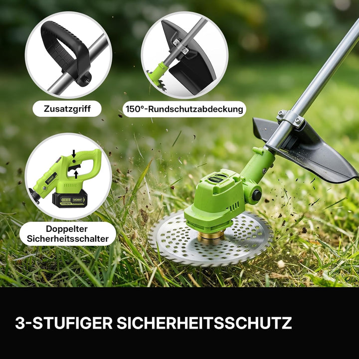 WORKIT Rasentrimmer mit Akku, Freischneider mit 2x4.0Ah Akkus und 4 Messertypen, Bürstenlose, 20V, S