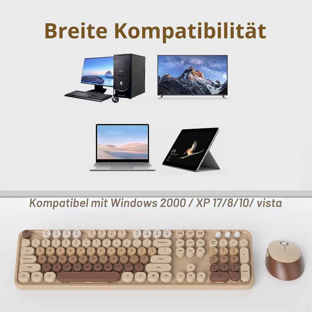 SOLIDEE kabellose Tastatur- und Maus-Kombination,Retro-Schreibmaschinen-Tastatur,2.4GHz runde Tasten