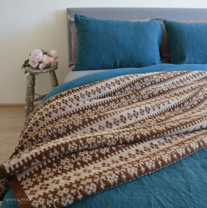 Linen & Cotton Luxus Warme Decke Wolldecke Gestrickt Arctic - 100% Reine Neuseeland Wolle, Beige/Bra
