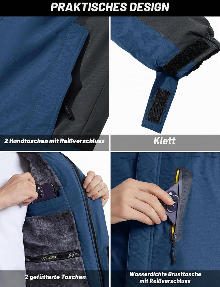 TACVASEN Herren Warme Skijacke Gefütterte Winterjacke Wasserabweisende Funktionsjacke mit Abnehmbare