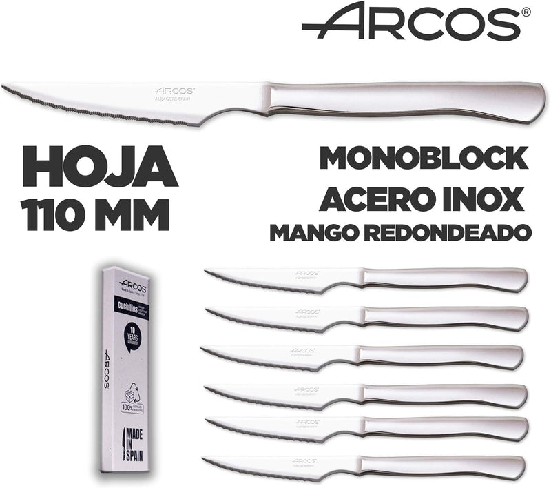 Arcos Fleischmesser-Set | 6 Stück | Steakmesser Marke Arcos | Edelstahl-Besteck | Klinge 110 mm | Mo