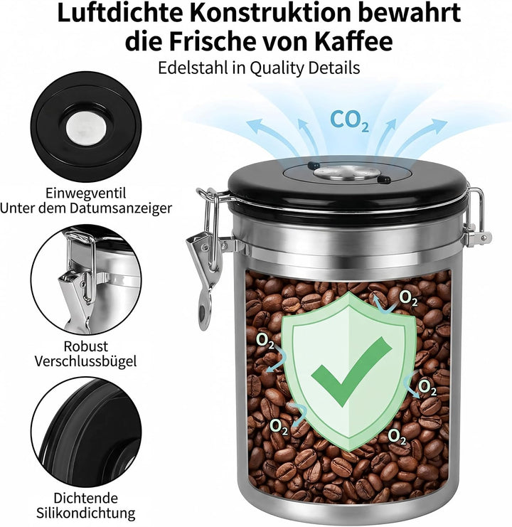 Edelstahl Kaffeedose 1,8L luftdicht, Kaffeebohnenbehälter mit Datumsanzeige (Schwarz), Schwarz