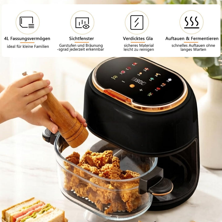 Heissluftfritteuse 5L Airfryer,1350W 9 in 1 Multifunktionalität Touchscreen Air Fryer mit Glaskorb&S