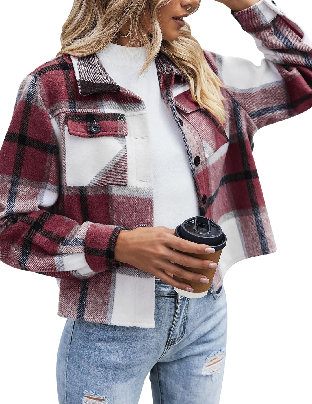 Zeagoo Damen Flanell Jacke Karierte Langarm Kurzjacke Revers Button-Down Shacket Mantel Weinrot 543