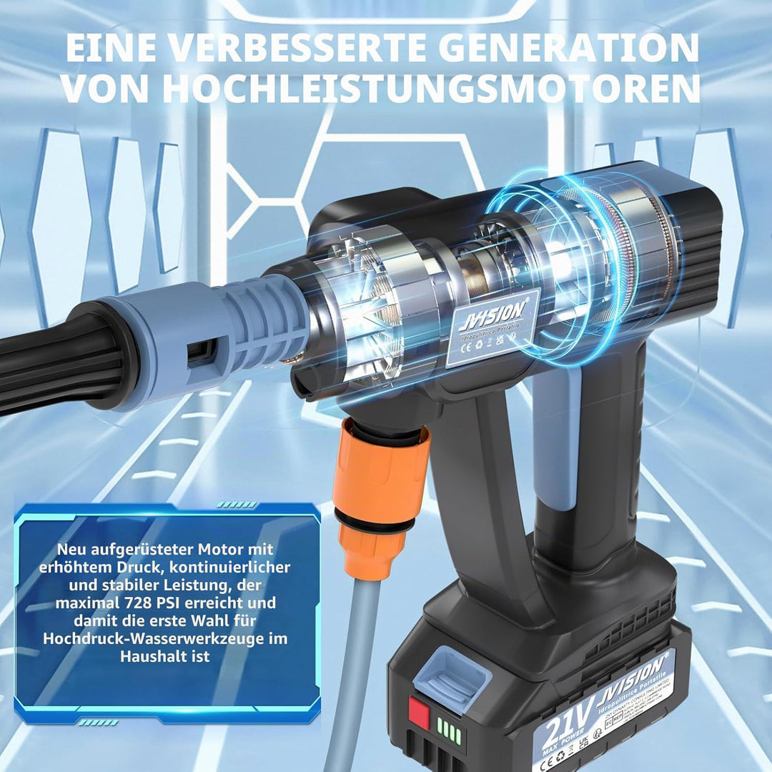 JVISION Akku Hochdruckreiniger Mobiler mit Wasserhahnanschluss & 2X 4000mAh Akku, Kabelloser Pressur