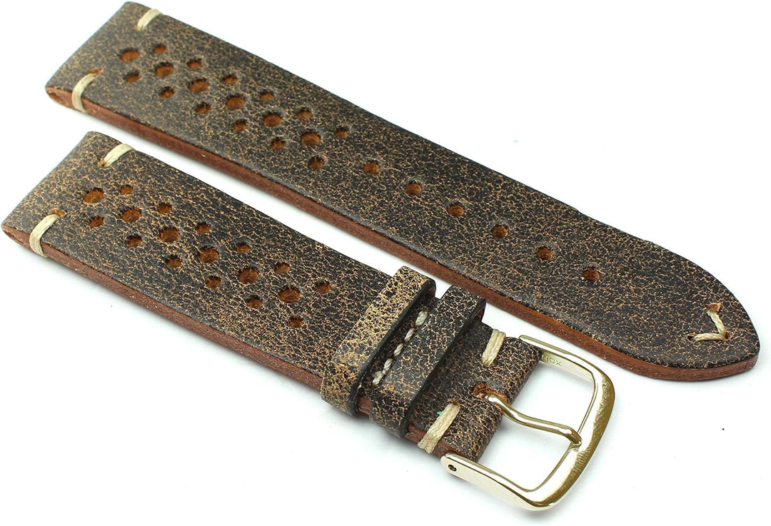 22mm Fluco Racing Rallye Vintage Rindsleder Uhrenarmband handgemacht in Deutschland Robust braun wei