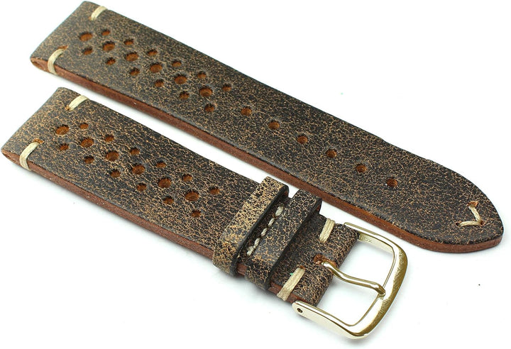 22mm Fluco Racing Rallye Vintage Rindsleder Uhrenarmband handgemacht in Deutschland Robust braun wei