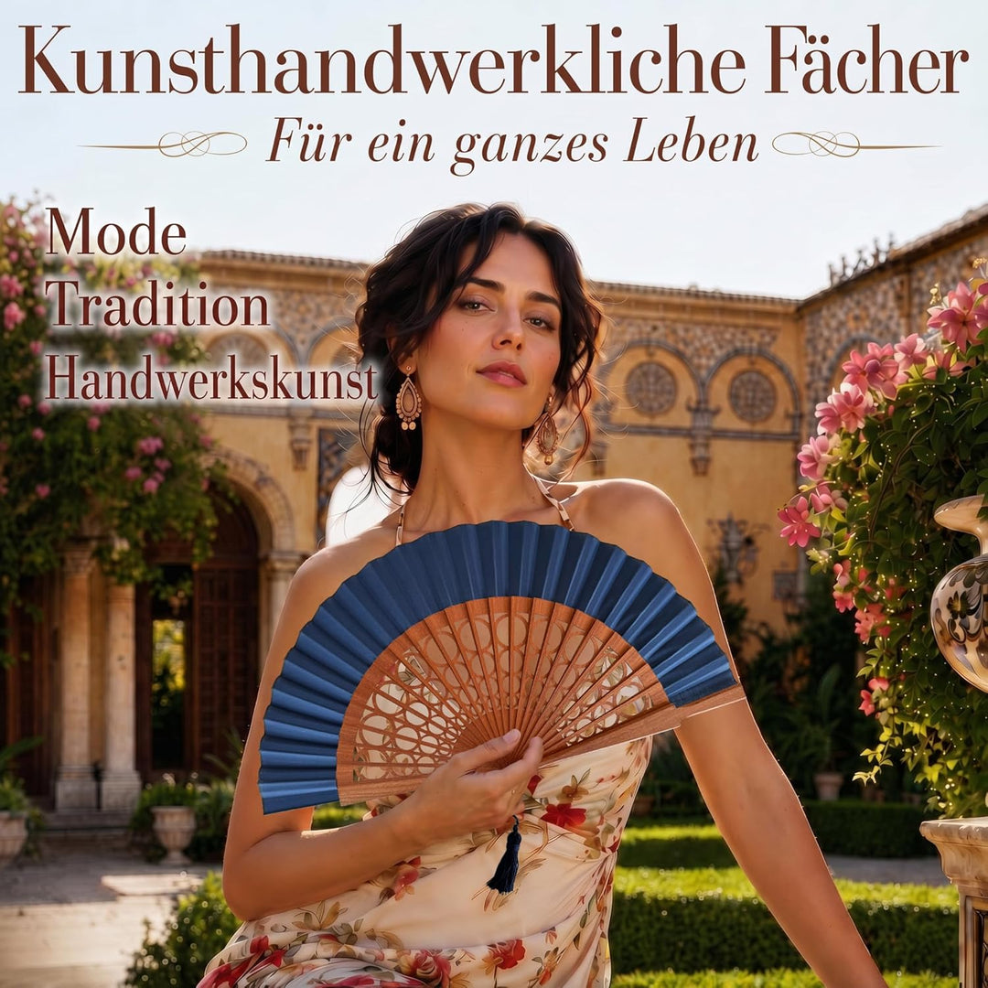 Handgefertigter Spanischer Fächer - 100% Baumwolle und Sipo-Holz - HandFächer aus Holz und Stoff - F