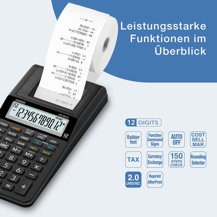 CASIO Druckender Tischrechner HR-8RCE, 12-stellig, Wiederholungsdruck, Cost/Sell/Margin, Profi-Proze