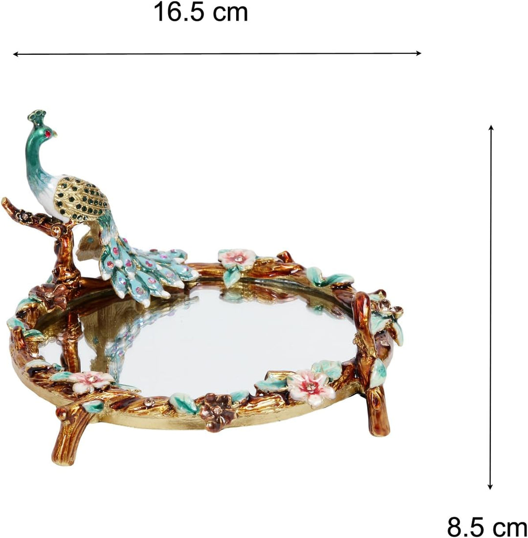 Decorative Peacock Vanity Mirror Tray, Enamelled Metal with Floral Design, Turquoise and Gold