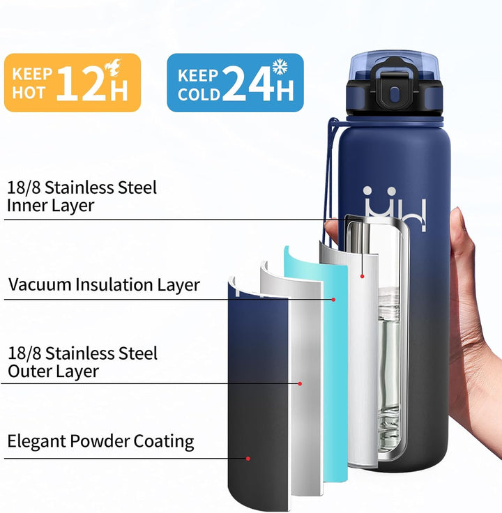 Thermosflasche 1L, Thermosflasche mit Strohhalm, Trinkflasche Kohlensäure Geeignet, Vakuum Edelstahl