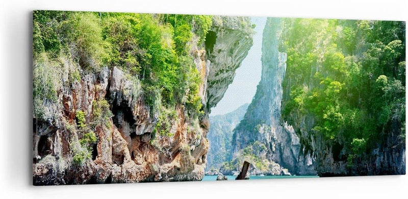 Wandbilder Dekoration Wohnzimmer Boot Klippen Natur Felsen Panorama Bilder auf Leinwand 120x50cm Lei