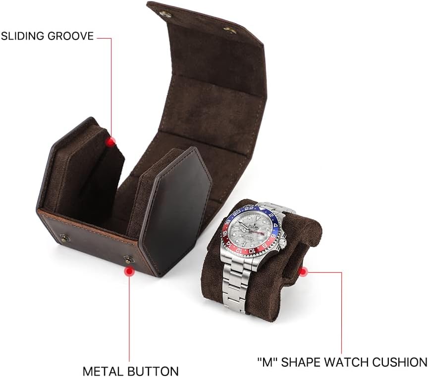 Hiram Uhrenetui aus echtem Leder, sechseckig, 1 Uhrenrolle, Uhrenschutz, Aufbewahrungsbox, Organizer