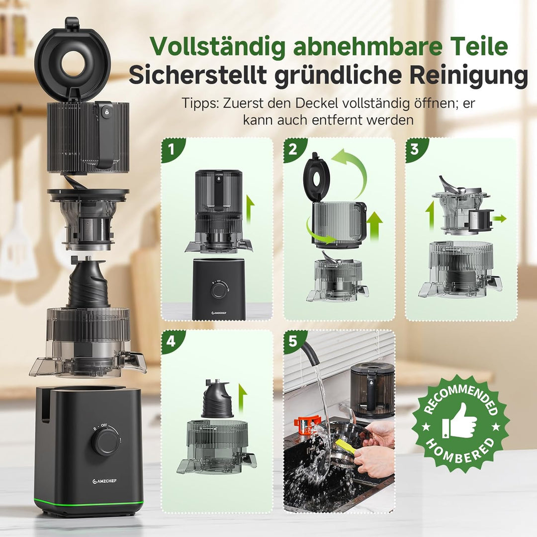 AMZCHEF Entsafter Slow Juicer 155mm XXL Einfüllöffnung - 2,5L Saftpresse Elektrisch für ganzes Obst