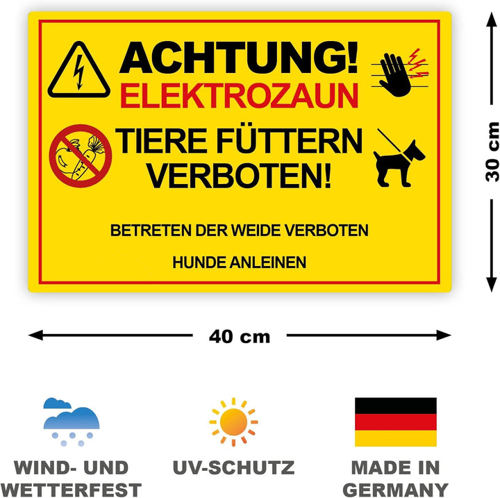 5 Stück XXL Achtung ! Elektrozaun Tiere füttern Weide betreten verboten Schild 30 x 40 cm aus stabil