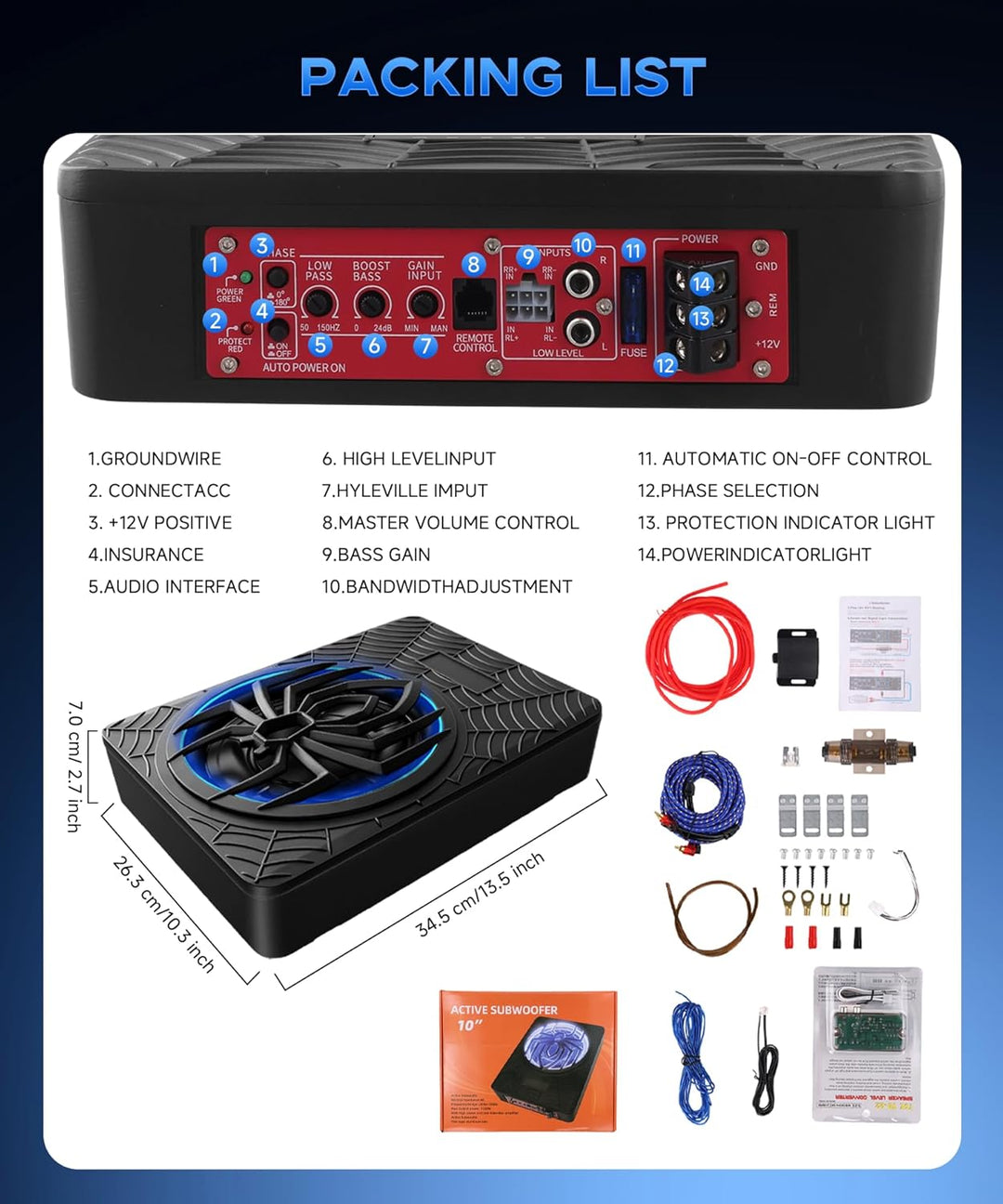 Hodozzy 1200W RGB-Subwoofer, Schlanker Unter-Sitz-Subwoofer für Autos und Verstärker-Paket mit RGB-B