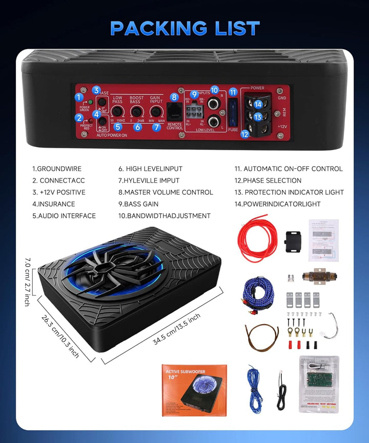 Hodozzy 1200W RGB-Subwoofer, Schlanker Unter-Sitz-Subwoofer für Autos und Verstärker-Paket mit RGB-B