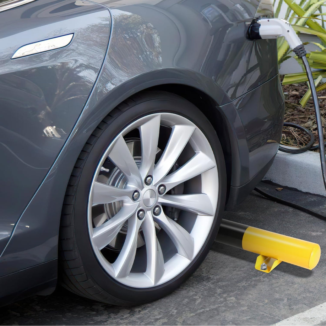 Fiqops Radstopper 2 x Metall Stahlrohr-Parkstopper Parkplatzbegrenzung, Schwarz-Gelb mit Reflexionss