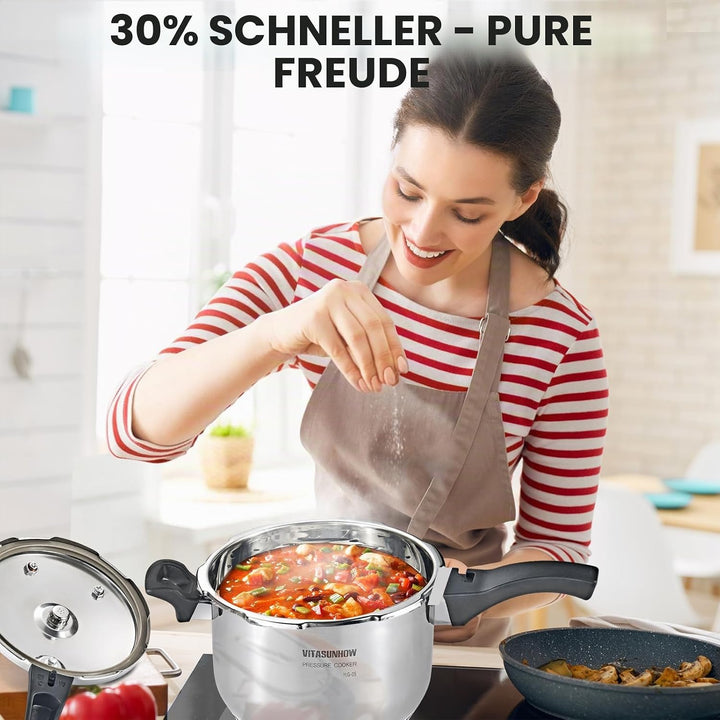 Schnellkochtopf aus Edelstahl, Induktionskompatibel, gleichmässige Wärmeverteilung, für Schnellkocht