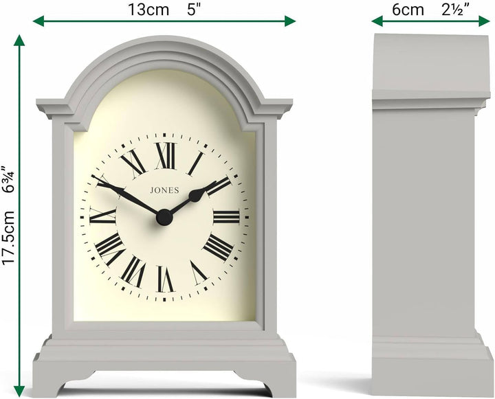 JONES CLOCKS® Bistro kaminuhr | Klassisches Design Einer kutschenuhr mit gebogenem Bogen | Grau | Ze