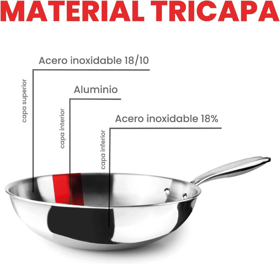 IBILI Triply Natural Wok 20 cm, Edelstahl, induktionsgeeignet, ohne Antihaftbeschichtung, 20 cm