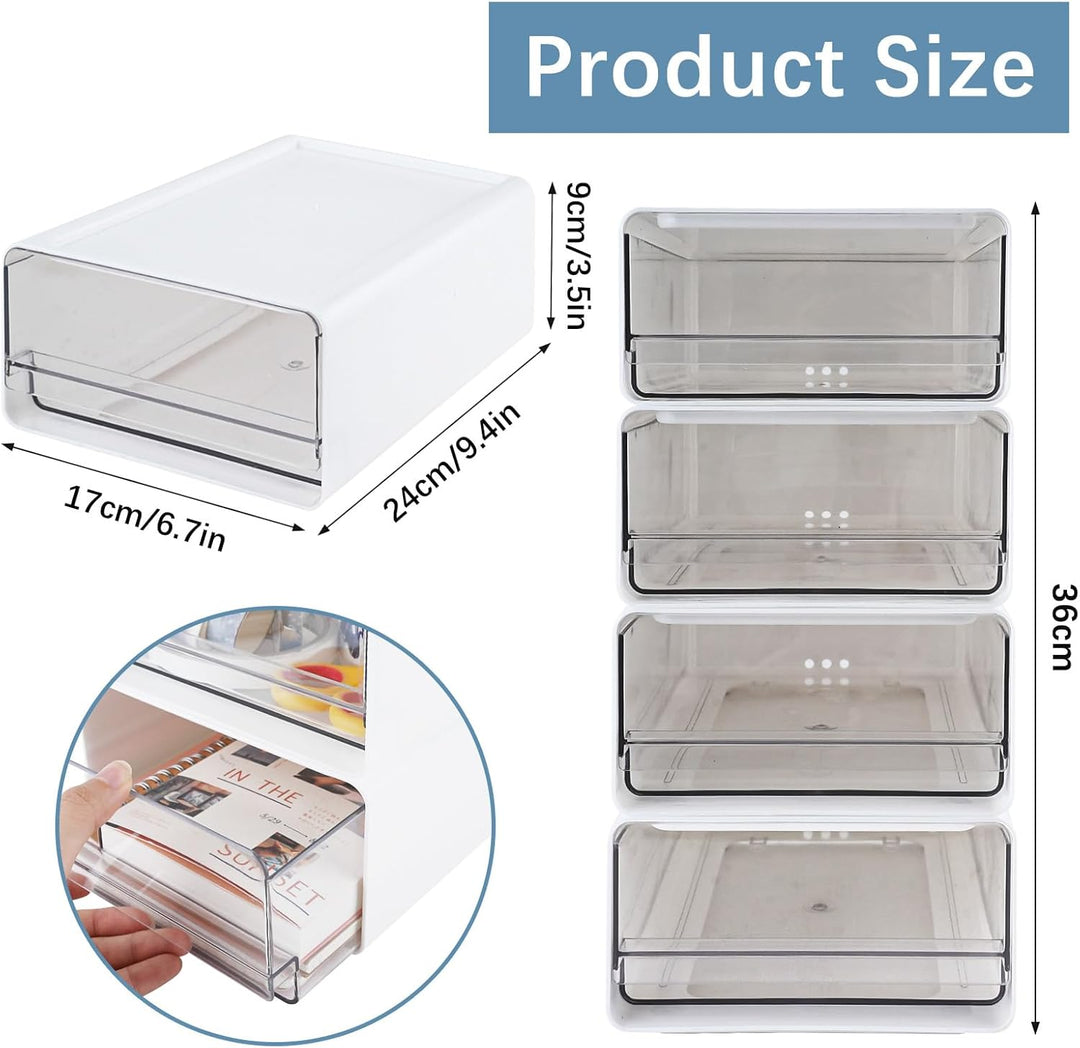 4 Stück Stapelbar Schreibtisch Organize mit 4 Schubladen, Transparent Weiss Schubladenboxen mit Etik