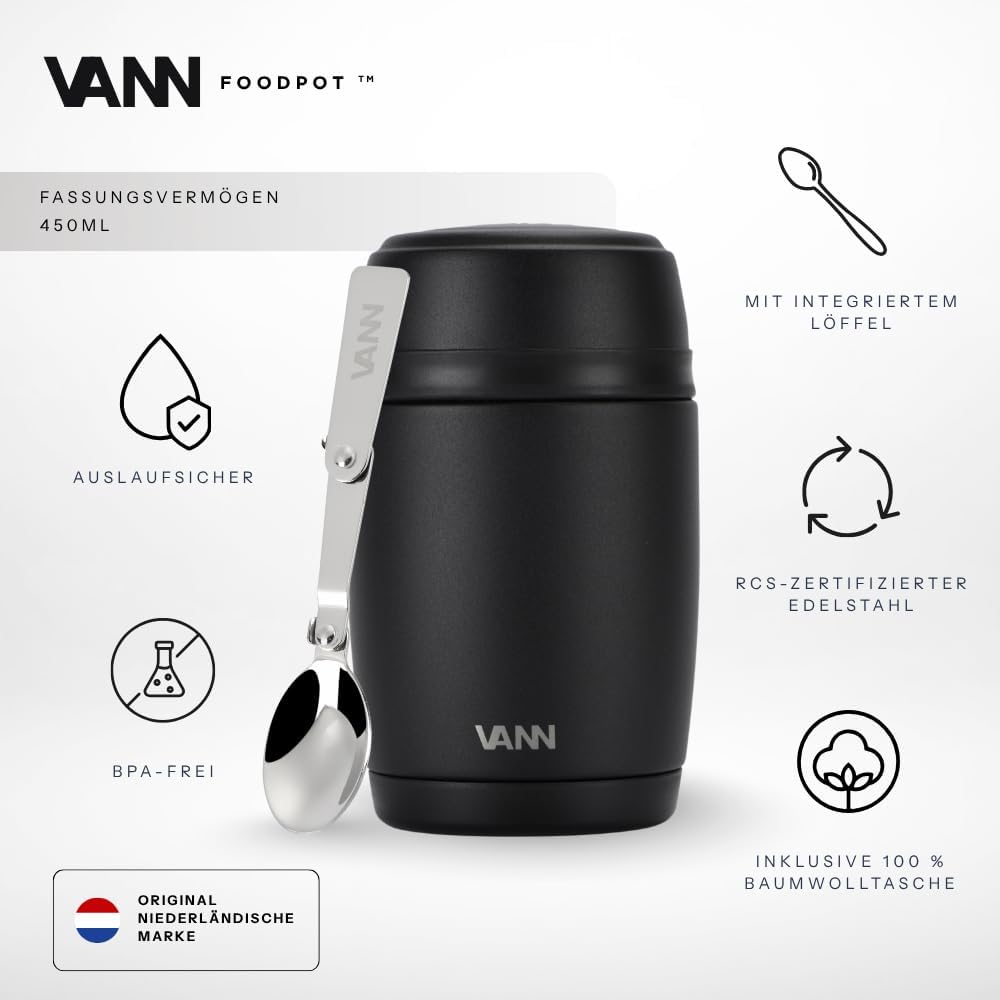 VANN Thermobecher für Essen 450 ml – Thermobehälter [16h kalt, 9h warm] – Recycelte Edelstahl Thermo