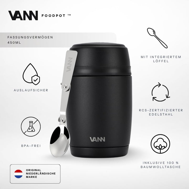 VANN Thermobecher für Essen 450 ml – Thermobehälter [16h kalt, 9h warm] – Recycelte Edelstahl Thermo